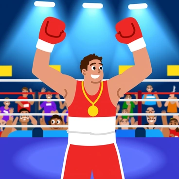 An amateur boxer stands in the center of a brightly lit boxing ring, triumphantly raising their fists in victory. The boxer is wearing red boxing gloves and a matching red and white sleeveless shirt, with a shiny medal hanging around their neck. Their facial expression shows a mix of joy and pride, with a big smile. The crowd in the background is cheering enthusiastically, with hands raised and banners waving. Bright spotlights shine down from above, illuminating the boxer and creating a vibrant atmosphere.