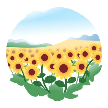 A vast field is filled with tall, bright sunflowers swaying gently in the breeze. The sunflowers have vibrant yellow petals and sturdy green stems. The sky above is a clear blue, providing a striking contrast to the yellow flowers below. In the distance, a gentle slope can be seen, adding depth to the landscape. The sunlight casts warm illumination across the field, enhancing the colors of the sunflowers and the greenery surrounding them.