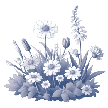 A garden filled with a variety of flowers in full bloom. The scene features an array of unique floral shapes and sizes, with petals that display intricate patterns. Some flowers stand tall while others spread low to the ground, creating layers of texture. Green leaves are interspersed throughout, complementing the arrangement of blooms. The setting is serene, with a sense of harmony among the different plant life.