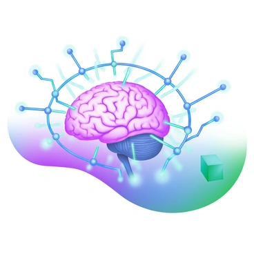 A detailed illustration of a "human brain" placed at the center, intricately connected to a "network of glowing circuits" radiating outward. The circuits are depicted in a bright blue color, pulsating with light, emphasizing their connection to the brain. The background features a soft gradient, enhancing the focus on the brain and circuits. The overall composition highlights the interplay between the organic structure of the brain and the technological elements of the circuits.