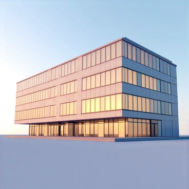 Rows of hospital windows lined in a modern building, showcasing a smooth glass façade. The surface of the windows reflects the warm hues of the sunrise, with shades of orange, pink, and yellow illuminating the glass. The hospital structure is surrounded by a clear blue sky, and soft morning light casts gentle shadows on the building's exterior.