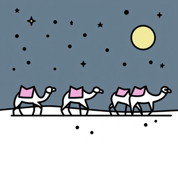 A line of camels walking in the desert, each with a saddle on its back. The night sky is filled with numerous stars, shining brightly above them. A large, glowing moon illuminates the scene, casting soft light over the camels and their surroundings. The camels follow a narrow path, their feet leaving gentle impressions in the sand.