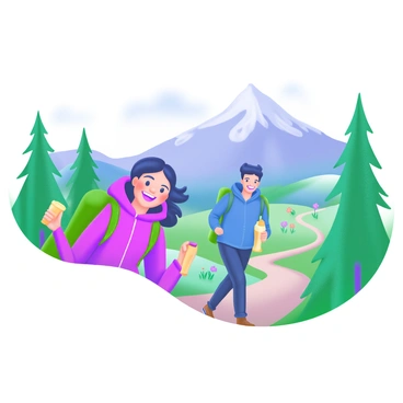 A modern pastel illustration depicting two friends hiking up a winding mountain trail. One friend is wearing a bright red jacket and a green backpack, while the other is dressed in a blue hoodie and carries a yellow water bottle. Both are smiling widely, showcasing their enjoyment of the experience. In the background, there are tall, green trees lining the trail, and a majestic mountain peak rises into the cloudy sky. A sweeping view of a valley can be seen, with rolling hills and patches of wildflowers in various colors.