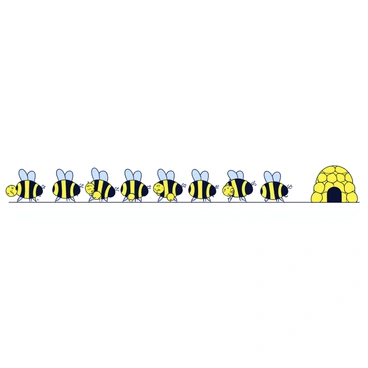 A group of bees marching in a straight line. Each bee is depicted with distinct black and yellow stripes on its body. The bees are carrying small, round balls of golden pollen attached to their legs. The scene shows a clear path leading towards a small hive with a rounded shape, made of honeycomb patterns. The background is simple and uncluttered to emphasize the line of bees and their task.