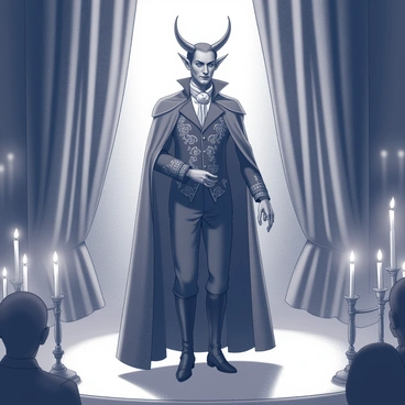 A Victorian devil stands center stage in a dimly lit theater. The figure is dressed in ornate, dark clothing with intricate patterns, showcasing a long, flowing cape that billows dramatically. The devil has sharp, pointed horns and a charismatic expression, capturing the audience's attention. Flickering candles line the edges of the stage, casting dancing shadows and illuminating the devil's features. The background is adorned with heavy, luxurious curtains, enhancing the theatrical atmosphere. The audience is barely visible, captivated by the performance unfolding before them.