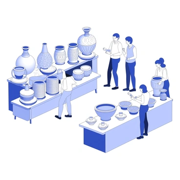 A ceramics market is bustling with activity, showcasing a variety of handcrafted pottery and dishes. Stalls are lined up, displaying an array of unique pieces. There are vases of different shapes and sizes, each featuring intricate patterns carved into the clay. Dishes with smooth, rounded edges are stacked neatly, some adorned with detailed engravings. A large, ornate bowl sits prominently on one table, its surface showing a delicate texture. Artisans are seen carefully polishing their work, while customers browse thoughtfully, examining the craftsmanship. The scene captures the rich culture and tradition involved in pottery-making.