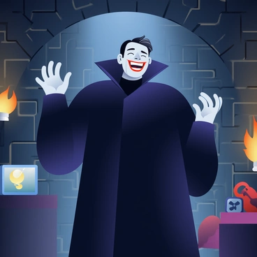 A classic movie villain with pale skin and slicked-back black hair is standing in a dark, shadowy lair. He is wearing a long, dark cloak with a high collar that frames his face. His expression is one of wicked glee, with a wide grin exposing sharp teeth. The lair is filled with dimly lit torches casting flickering shadows on stone walls. Various sinister gadgets and flickering screens are visible in the background, adding to the ominous atmosphere. The villain's hands are raised in a dramatic pose as he laughs menacingly, creating an intimidating presence in the lair.