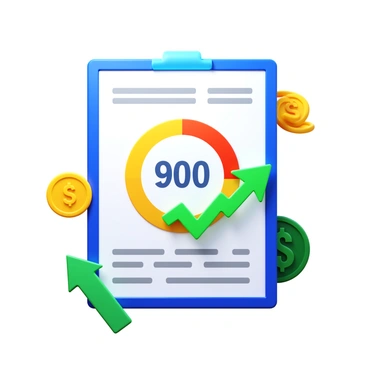 A 3D credit score report with a rising score indicator and financial symbols