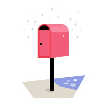 A red mailbox standing alone on a sidewalk, surrounded by puddles of water from the rain. The mailbox has water droplets glistening on its surface, reflecting the gray sky above. Raindrops are gently falling around it, creating ripples in the puddles below. The scene conveys a sense of solitude, with no other objects or people in sight. The ground is wet and glistening, enhancing the atmosphere of the rainy day.