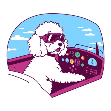 A poodle wearing aviator goggles sitting in the cockpit of a small plane