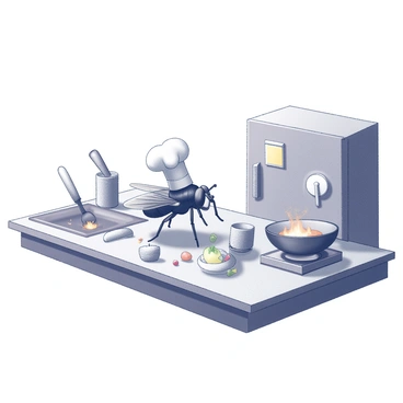 A fly with a chef's hat is positioned in a tiny kitchen. The kitchen is equipped with miniature utensils, including a small frying pan, tiny spatula, and petite measuring cups. The fly is standing on a miniature countertop, actively preparing a dish. The background features a small stove with an open flame, and a tiny refrigerator adorned with a magnet. Various miniature ingredients, like vegetables and spices, are scattered around the workspace, emphasizing the busy cooking scene.