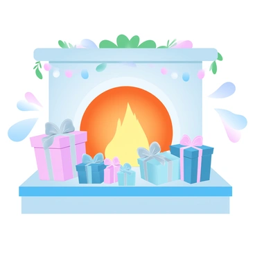 Presents wrapped in colorful paper are neatly arranged on a mantelpiece. The presents come in various shapes and sizes, with shiny bows on top. Above the presents, a glowing fireplace emits warm light, casting a cozy ambiance. The mantelpiece is decorated with evergreen garlands and small decorative items, adding to the festive atmosphere. Soft shadows dance on the wall behind from the flickering flames.