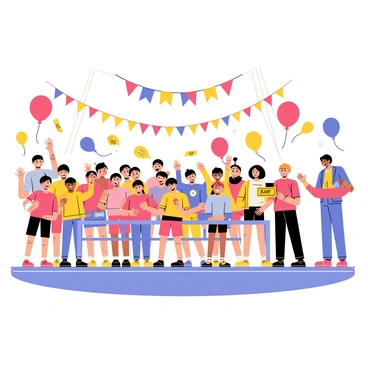 A school gymnasium filled with colorful decorations. Groups of children are gathered around a large table, eagerly holding tickets for a raffle. Some children have excited expressions while others are jumping with joy. Balloons in vibrant colors, including red, blue, and yellow, are floating above the children's heads, creating a festive atmosphere. A banner reading "Raffle Time!" is hung in the background. A teacher stands nearby, smiling and holding a bowl filled with raffle tickets, ready to draw the winners.
