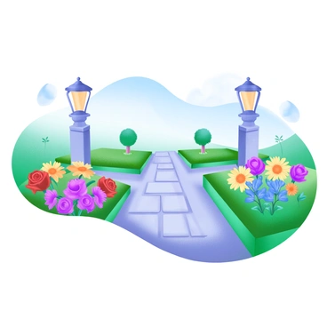 A pathway stretches through the center, flanked by two lush gardens that mirror each other symmetrically. Each garden features vibrant flowers in a variety of colors, including red roses, yellow daisies, and blue delphiniums. Neatly trimmed hedges form low borders around the colorful flower beds, and stone pathways meander through the greenery. In the background, there are decorative lanterns on both sides of the path, casting a soft glow. Above, the sky is a clear blue, and a gentle breeze causes the flowers to sway slightly. Each garden is meticulously maintained, creating a sense of harmony and balance in the scene.