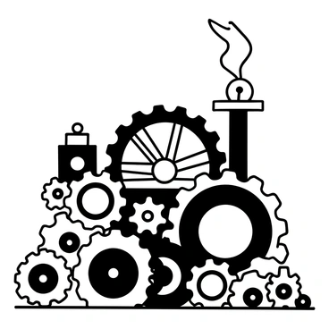 A whimsical machine with various gears and cogs interconnected, rotating and interlocking in harmony. The machine has an intricate design, featuring several large cogs and smaller gears that work together seamlessly. Steam is gently rising from the machine, creating a sense of motion and energy. Surrounding the machine are various tools and mechanical parts, adding to the complexity of the scene. A large crank is positioned prominently, waiting to be turned.