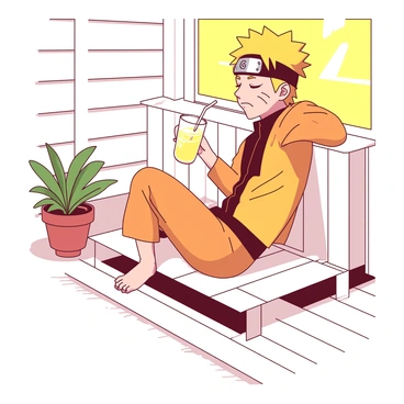 A yellow Naruto is sitting comfortably on a white wooden porch, enjoying a glass of lemonade. The lemonade is in a clear cup with a slice of lemon on the rim and a straw. Naruto is wearing his signature orange outfit and has a relaxed expression on his face, with eyes closed in enjoyment. Sunlight is casting warm rays on the porch, illuminating the surroundings. There is a small potted plant with green leaves next to Naruto, completing the serene scene.