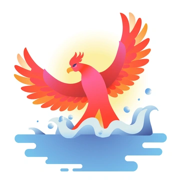 A phoenix with vibrant red and orange plumage is emerging from the ocean waves. The bird is depicted with wings outstretched, showcasing its majestic feathers. Water droplets are cascading off its wings and body, and some of these droplets are turning into steam as they come into contact with the warm air. The ocean waves are depicted in dynamic motion, splashing around the phoenix as it rises from the water. The background features hints of a colorful sunrise illuminating the scene, casting a warm glow on the phoenix and the surrounding water.