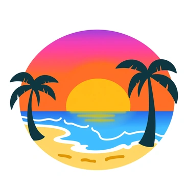 A vibrant beach scene during sunset, showcasing a colorful sky with shades of orange, pink, and purple. Soft waves gently lap at the sandy shore, creating light foam. In the foreground, silhouettes of tall palm trees stand against the bright sky, their leaves slightly swaying in the breeze. The sand appears warm and inviting, with hints of golden tones reflecting the sunset.