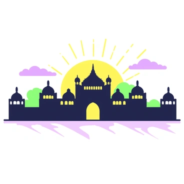 The silhouette of "Bangalore Palace" stands prominently against the backdrop of a "morning sunrise." The palace features intricate architectural details, including arches and spires, which are outlined sharply in the early light. The golden glow highlights the grandeur of the structure, while the surrounding landscape remains shadowed. Soft rays of sunlight emerge from behind the palace, casting long, dramatic shadows on the ground. Fluffy clouds in the sky catch some of the light, creating a soft gradient effect in the background.