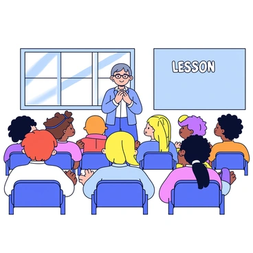 A classroom filled with students sitting at their desks and a teacher standing at the front. The students, a diverse group of boys and girls, have their heads bowed in prayer, demonstrating focus and respect. The teacher, a middle-aged woman with glasses, stands with her hands clasped together in front of her. A large chalkboard is visible behind her, with the word "LESSON" written in bold letters. Sunlight filters through the window, casting a warm glow over the scene.