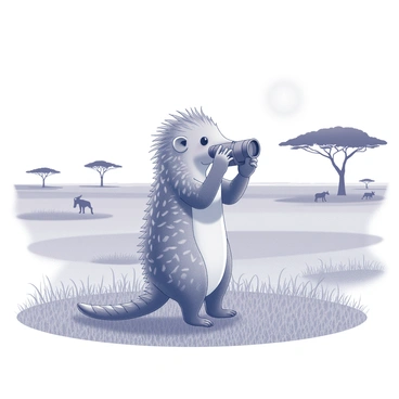 A pangolin is standing on its hind legs, holding a pair of binoculars with its front paws. It has a curious expression as it peers through the binoculars, scanning the vast landscape. The savannah is expansive, featuring tall grasses and scattered acacia trees in the background. The sun is positioned in the sky, casting distinct shadows on the ground. In the distance, silhouettes of other wildlife can be seen, adding to the adventurous atmosphere.