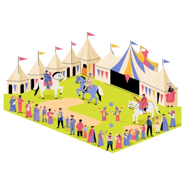 A medieval fair featuring several knights in shining armor riding majestic horses. Colorful jesters entertain a crowd, performing tricks and juggling colorful balls. Traditional tents with vibrant banners line the fairground, each tent displaying unique designs and colors. The ground is bustling with people wearing period costumes, interacting and enjoying the lively atmosphere. A large wooden stage is set up for performances, with a lively audience gathered around it.