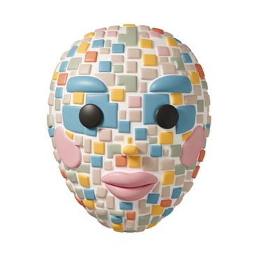 A face composed of a mosaic made up of small, colorful tiles. The tiles include shades of blue, red, yellow, green, and orange, arranged to create distinct facial features. The eyes are represented with dark blue and black tiles, set against a lighter background. The mouth is formed by red and pink tiles, while the skin tone is depicted with various beige and brown tiles. The overall composition is vibrant and detailed, showcasing the texture and individuality of each tile in the mosaic.