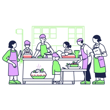 A baking competition scene takes place in a large, well-lit kitchen. On one side, several participants are busy at their workstations, each showcasing a variety of rhubarb desserts. In front of one participant, there is a beautifully plated rhubarb tart, adorned with finely whipped cream and green mint leaves. Another participant displays a layered rhubarb cake, with distinct layers and frosting, placed on a wooden cake stand. Nearby, a third competitor presents a small dish of rhubarb crumble, steaming slightly and garnished with a scoop of vanilla ice cream. Each participant is focused on their creations, wearing aprons, and surrounded by baking utensils and ingredients, including rhubarb stalks, flour, and sugar. The atmosphere is lively, as a judge walks around examining the desserts with a clipboard in hand.
