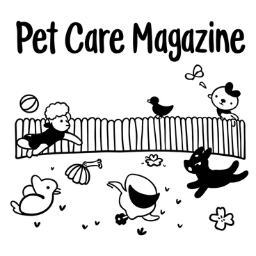A variety of cute animals playing in a backyard setting. A small fluffy dog is chasing a bouncing ball across the grass, while a playful kitten is pouncing on a butterfly. Nearby, a cheerful rabbit is nibbling on a patch of clover, and a parakeet is perched on the edge of a wooden fence. Various toys like a squeaky bone and a soft plush toy are scattered around the yard. The words "Pet Care Magazine" are displayed prominently at the top, creating an inviting atmosphere.