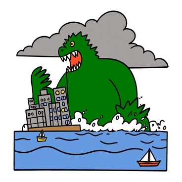 A giant monster with dark green scaly skin and sharp teeth is roaring as it emerges from the ocean. The creature's eyes are fierce and glowing, reflecting the sunlight. It towers over a coastal city, with tall buildings in the foreground, some partially submerged in water. Waves crash against the city’s shoreline, splashing up around the monster's massive legs. Sailboats are seen in the water, looking tiny in comparison to the towering creature. The sky is filled with dramatic clouds, enhancing the tension of the scene.