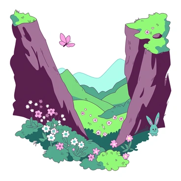 A deep chasm stretches across the frame, showcasing rugged, steep sides with patches of greenery clinging to the rocks. At the bottom of the chasm lies a hidden valley, vibrant with a multitude of blooming flowers in various colors scattered throughout the lush landscape. Numerous small animals can be seen among the flowers, including a delicate pink butterfly fluttering above, and a curious teal rabbit peeking out from behind a bush. The sunlight filters down into the valley, highlighting the beauty of the flora and fauna below.