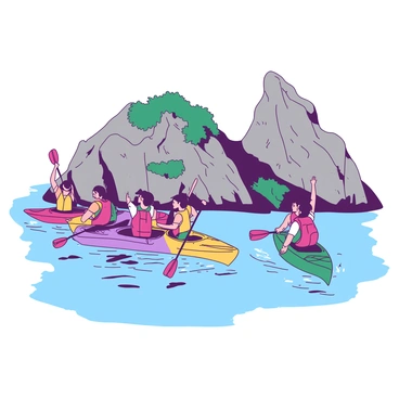 A group of kayakers with colorful kayaks is paddling through calm waters. The kayakers are wearing bright life jackets, and some have paddles raised above their heads. In the background, a rugged rocky coastline rises sharply from the water, with textured gray rocks and patches of green vegetation. The sky is clear and reflects subtly on the surface of the water, creating a tranquil scene. The kayaks are positioned in a line, with splashes of water trailing behind them as they move forward.