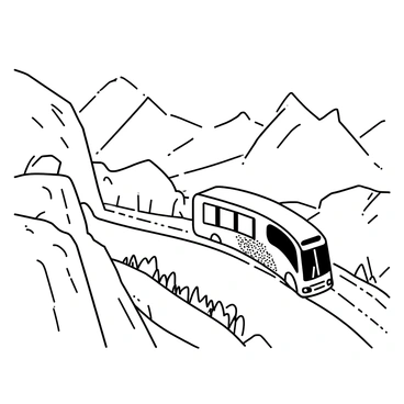 A bus is traveling along a steep mountain road that curves sharply. The bus has large windows and is painted with distinctive patterns. On either side of the road, there are high cliffs and rocky outcrops. The landscape shows jagged mountain peaks rising in the background, while below, valleys stretch out with various types of vegetation. The sky above is open and expansive, enhancing the sense of height and distance. The bus is in motion, creating a sense of dynamism in the scene.