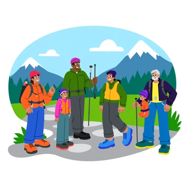 A group of five hikers stands on a rocky trail, each wearing a unique style of climbing gear. The first hiker, a woman, wears a bright red helmet and a matching jacket, with climbing shoes and a chalk bag hanging from her waist. The second hiker, a man, is equipped with a sturdy backpack and has trekking poles in hand, dressed in a green windbreaker and durable pants. The third hiker, a teenager, sports a vibrant blue cap and a lightweight vest, with a water bladder visible on her back. The fourth hiker, an older man, has a rugged look with a thick jacket, a beanie, and a harness around his waist. The fifth hiker, a young boy, wears a bright orange jacket and has a small backpack with a playful design. They all stand against a backdrop of towering mountains and lush greenery.