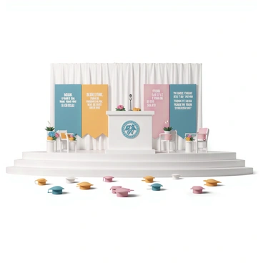 A graduation ceremony stage with caps and banners hanging in the background
