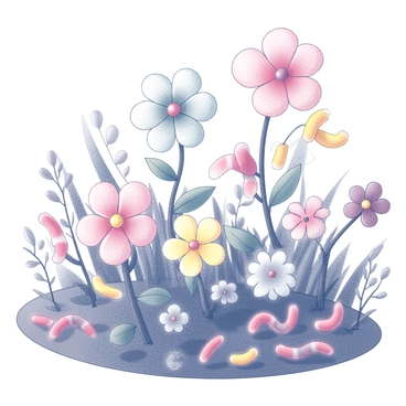 A garden filled with vibrant candy flowers of various shapes and sizes. The flowers have gummy worm stems, creating a whimsical scene. Interspersed among the flowers are gummy worms in playful twists and turns, some intertwined with the greenery. The background features a variety of simple plants and foliage to enhance the garden setting.