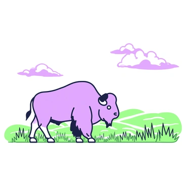 A lone bison is standing on a vast prairie. The bison is depicted with a large, shaggy body and prominent horns, showcasing its powerful stature. In the background, the prairie stretches out endlessly, covered with tall grasses that sway gently. Above, a wide sky extends, filled with fluffy clouds. The composition emphasizes the bison as the central figure amidst the expansive landscape.