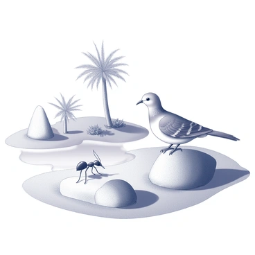 A colombe, a small dove-like bird, is perched on a rock at a desert oasis. Its feathers are detailed, showcasing delicate patterns and textures. Nearby, an ant is climbing up a small sandy mound, its legs intricately visible as it navigates the terrain. The oasis is depicted with small patches of vegetation, including palm trees with fronds fanning out. The water in the oasis is clear, reflecting the surrounding scenery. Sunlight casts shadows across the sandy ground, creating a contrast between light and dark areas.