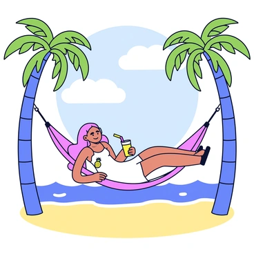 A woman with long, flowing hair is lying comfortably in a hammock that is suspended between two tall palm trees. She is wearing a light, breezy sundress. In her hand, she holds a tall glass with a colorful straw and a slice of pineapple on the rim. The background features a sandy beach with gentle waves lapping at the shore. The sky is clear with a few fluffy clouds, and the palm leaves rustle softly in the breeze.