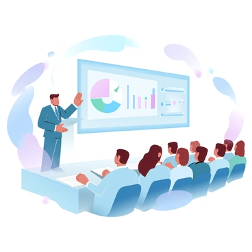 A speaker is standing at a podium, presenting at a medical conference. The speaker is wearing a professional suit and is gesturing towards a large digital screen behind them. The screen displays a colorful infographic related to medical research with various charts and graphs. The conference room is filled with attentive attendees seated at rows of tables, and some are taking notes. Soft gradient pastel colors fill the background, creating a calm atmosphere.