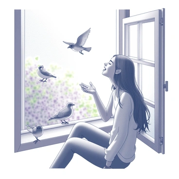 A young woman with long, flowing hair is sitting at a window sill. She is singing joyfully, her eyes closed as she expresses her feelings. Birds of various sizes and species are gathered around the window, some perched on the sill and others hovering nearby. The scene captures the interaction between her and the birds, with a sense of harmony and connection. The window frame is detailed, featuring decorative elements that enhance the overall composition. The background hints at a lush garden, with some greenery visible through the window, suggesting a vibrant environment outside.