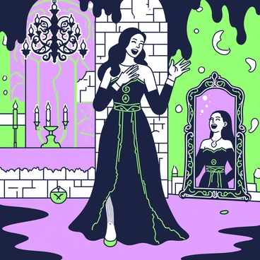 A woman with long, black hair is standing in a gothic room, laughing maniacally. She wears a dark, intricately designed dress that flows to the floor and has long sleeves. The room features stone walls adorned with elaborate tapestries, and there are flickering candles casting shadows that create an eerie atmosphere. In the background, an ornate chandelier hangs from the ceiling, its crystals sparkling in the low light. A large, antique mirror is positioned against one wall, reflecting her image and the dim surroundings. 