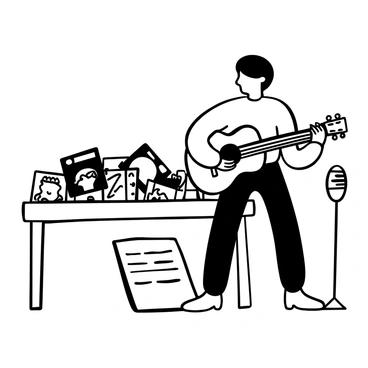 A musician holding an acoustic guitar, standing next to a wooden table. The table is covered with various album art designs scattered across its surface. Each album cover has distinct graphics and images, showcasing different musical styles. There is a music sheet partially visible beside the table, with handwritten notes on it. In the background, a microphone on a stand can be seen, suggesting a recording environment.