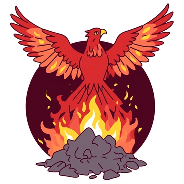 A majestic phoenix with vibrant red and orange feathers is soaring upward from a pile of dark gray ashes. Its wings are fully extended, showcasing intricate patterns of flames within the feathers. Surrounding the phoenix, glowing orange embers are scattered throughout the air, radiating warmth and light. The background features a gradient that transitions from deep black at the bottom to a bright orange at the top, enhancing the sense of movement and rebirth.
