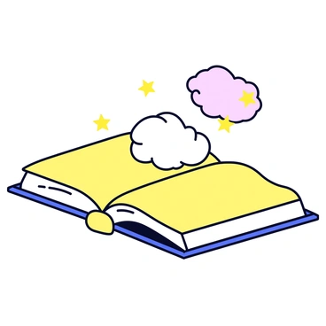 An open book with a blue cover, lying flat on a white surface. The pages are slightly yellowed, indicating age. Fluffy white clouds are illustrated rising up from the center of the pages, blending into a pastel sky. Twinkling yellow stars are scattered among the clouds, creating a whimsical atmosphere.