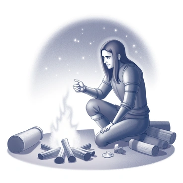 A man with long, dark hair, dressed in medieval armor, is sitting by a campfire. He has a contemplative expression on his face, looking into the flickering flames. The campfire illuminates his features, casting shadows that enhance his focused gaze. Surrounding him are various camping gear items, such as a rolled-up bedroll and a small stack of firewood. The night sky above is clear, with stars visible in the background. Logs are arranged around the campfire, creating a rustic setting.