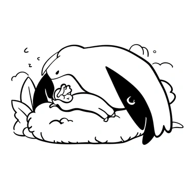 A child lying on a bed of soft feathers, peacefully sleeping, with a giant bird draped protectively over the child. The bird's wings extend widely, creating a sheltering dome above the child. The texture of the feathers is detailed and fluffy, emphasizing the bird's size. The background features a gentle, flowing landscape that enhances the serene atmosphere. The overall scene conveys a sense of safety and tranquility.