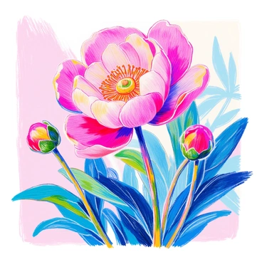 A detailed botanical illustration features a single blooming "peony" with layers of soft, luscious petals in various shades of pink. The flower has a prominent, rounded shape and a center filled with delicate stamens and pollen. The green leaves surrounding the bloom are glossy and rich, showcasing the intricate veins and texture. The stem is sturdy and slightly curved, with a few small buds nearby, hinting at the flower's growth. The background is softly blurred to emphasize the beauty of the "peony" in full bloom.