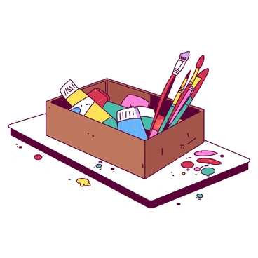 An open art supply box made of brown wood is placed on a white test table. The box is overflowing with various art supplies, including tubes of yellow and blue paint scattered throughout. There are several paintbrushes of different sizes with colorful bristles laying beside the tubes. A collection of vibrant markers in red, pink, and teal is also visible, standing upright in the box. The test table has a clean surface, showcasing the organized chaos of creative tools, with some paint splatters adding a touch of color.