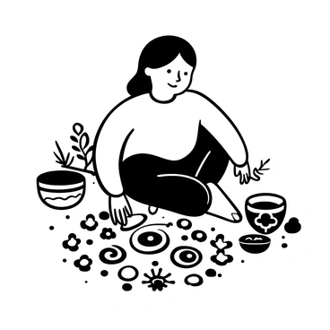 A young girl sitting on the ground, focused on creating intricate rangoli patterns using a variety of designs. She is surrounded by containers filled with colored powders. The patterns consist of swirling shapes and floral motifs, meticulously arranged in a circular design. Her hands are slightly stained from the pigments, and small grains of the colored powders are scattered around her. In the background, there are decorative elements that complement the festive atmosphere.